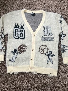 Rockstar Originals Embroidered Angel Cardigan in Cream & Gray